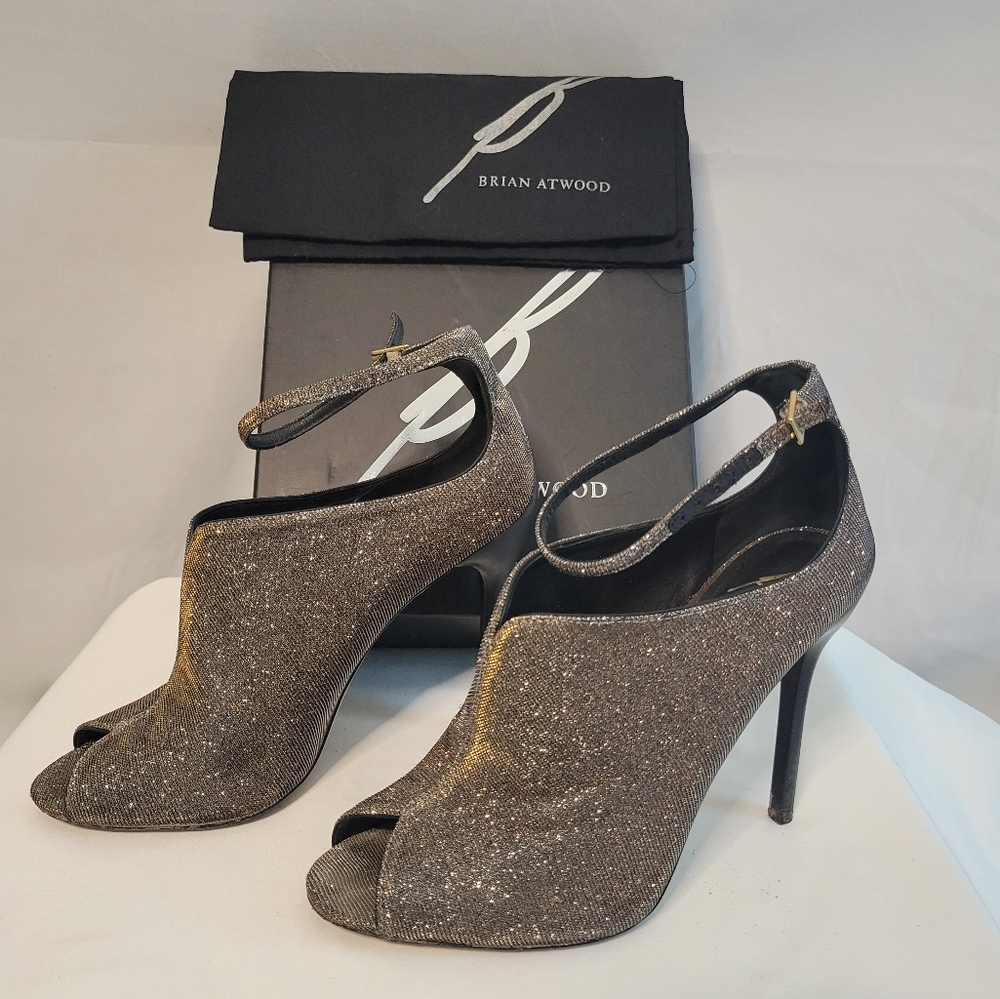 Brian Atwood Gold Peep-Toe Heels with Metallic Finish